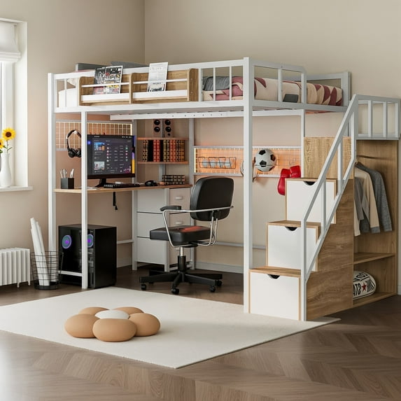 Advwin Twin Size Loft Bed with Desk and Stairs, Headboard, Wardrobe, Bedside Storage Shelf, 6 Drawers, Charging Station & LED Light, Metal Gaming Loft Bed Frame, White+Oak