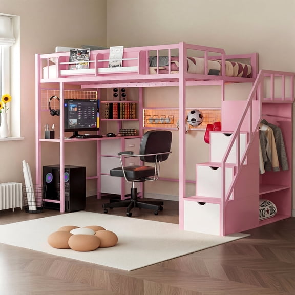 Advwin Twin Size Loft Bed with Desk and Stairs, Headboard, Wardrobe, Bedside Storage Shelf, 6 Drawers, Charging Station & LED Light, Space-Saving Metal Gaming Loft Bed Frame, Pink