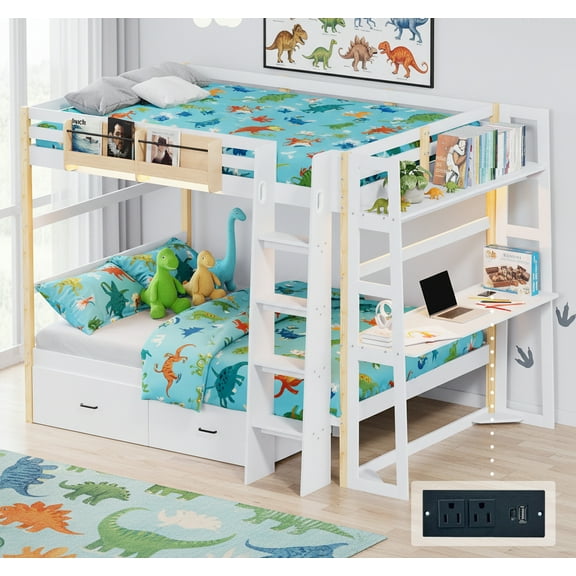 Advwin Twin Over Twin Bunk Bed with Desk, 2 Storage Drawers & LED Lights, Solid Wood Bunk Bed Frame with Guardrails, Ladder & Built-in Outlets for Bedroom, Dorm, Game Room