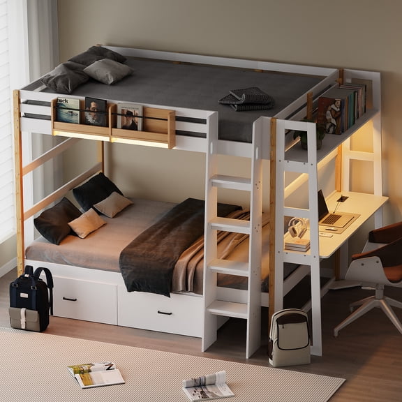 Advwin Twin Over Twin Bunk Bed with Desk, 2 Storage Drawers & LED Lights, Solid Wood Bunk Bed Frame with Guardrails, Ladder & Built-in Outlets for Bedroom, Dorm, Game Room