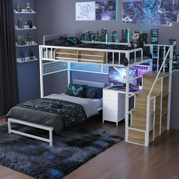 Advwin Twin Over Twin Bunk Bed with Desk, Stairs, LED Light & Charging Station, L-Shaped Metal Loft Bed with Storage Shelves & Drawers