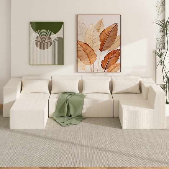 Advwin U-Shaped Oversized Corduroy Modular Sectional Sofa, Boneless Cloud Couch with Deep Seat & Throw Pillows for Living Room, No Assembly, Beige