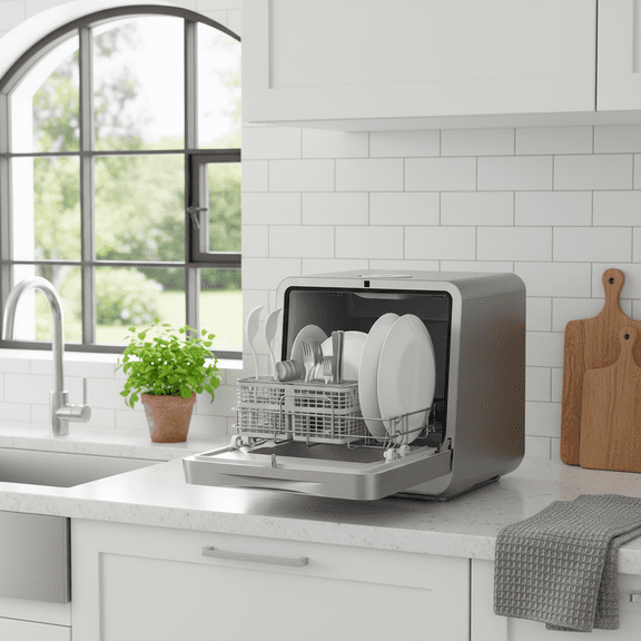 Advwin Upgraded Portable Countertop Dishwasher with 7 Washing Programs, 5L Water Tank, 360° Dual Spray, Air Dry & Baby Care for Apartments & RVs, No Installation Needed,Stellar Carbon