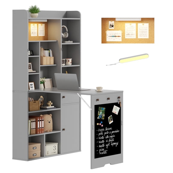 Advwin Wall Mounted Foldable Murphy Desk with LED Light, Corkboard & Magnetic Blackboard, Wide Fold-Out Writing Table w/ Shelves, Space-Saving Floating Workstation for Home Office Small Spaces, Gray