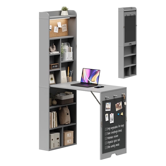Advwin Wall Mounted Folding Murphy Desk with LED Light & Corkboard, Fold-Out Convertible Writing Table with Shelves & Magnetic Blackboard, Space-Saving Desk for Small Spaces & Home Office, Gray