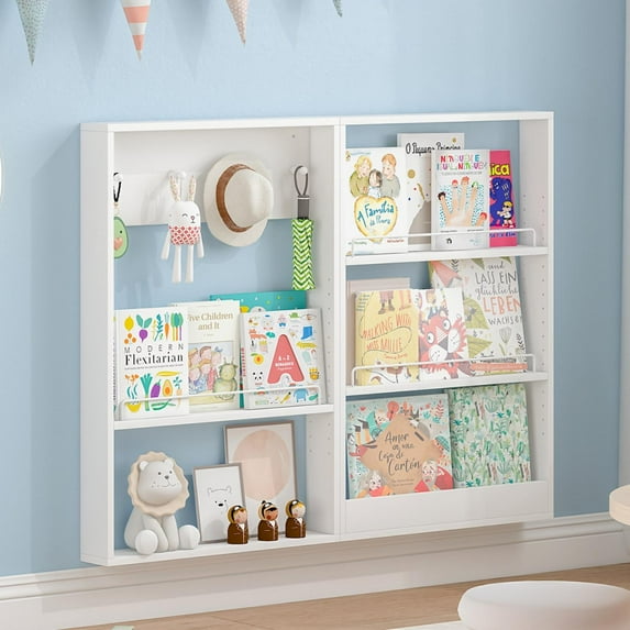 Advwin Wall Mounted Kids Bookshelf with Adjustable Shelves, 5-Tier Wooden Floating Book Rack for Books & Toys, Space-Saving Behind Door Bookcase Display Shelf for Kids Room, Nursery, Playroom, White