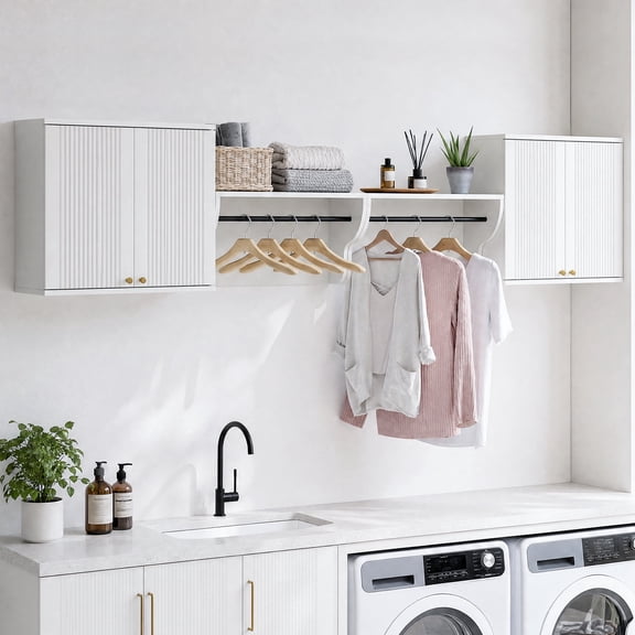 Advwin Wall Mounted Laundry Room Cabinet with Fluted Doors, Adjustable Shelves & Hanging Rod, 4-Piece Modular Floating Storage Cabinet for Kitchen, Bathroom, Mudroom or Pantry Organization