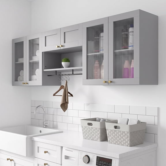 Advwin Wall Mounted Laundry Room Cabinet with Fluted Glass Doors, Hanging Rod, Hooks & Adjustable Shelves, Floating Storage Cabinet for Kitchen, Bathroom or Pantry Organization, Gray