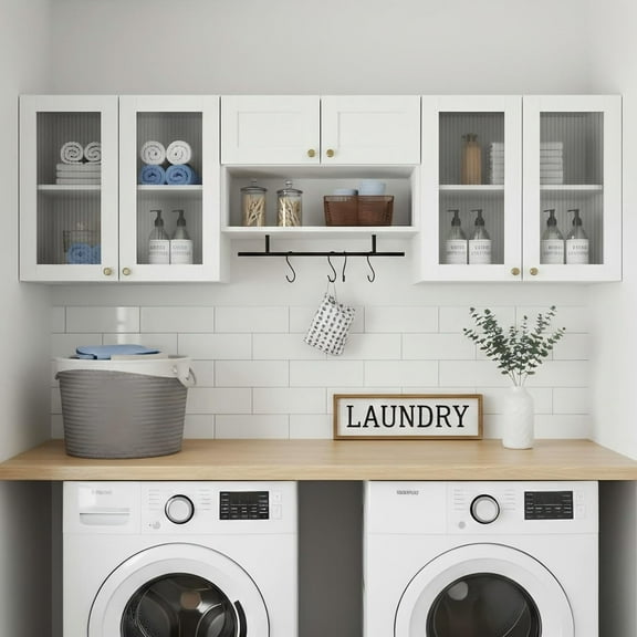 Advwin Wall Mounted Laundry Room Cabinet with Fluted Glass Doors, Hanging Rod, Hooks & Adjustable Shelves, Floating Storage Cabinet for Kitchen, Bathroom or Pantry Organization