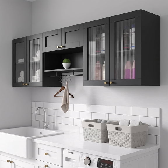 Advwin Wall Mounted Laundry Room Cabinet with Fluted Glass Doors, Hanging Rod, Hooks & Adjustable Shelves, Floating Storage Cabinet for Kitchen, Bathroom or Pantry Organization, Black