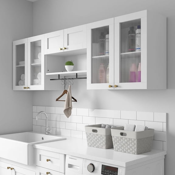 Advwin Wall Mounted Laundry Room Cabinet with Fluted Glass Doors, Hanging Rod, Hooks & Adjustable Shelves, Floating Storage Cabinet for Kitchen, Bathroom or Pantry Organization