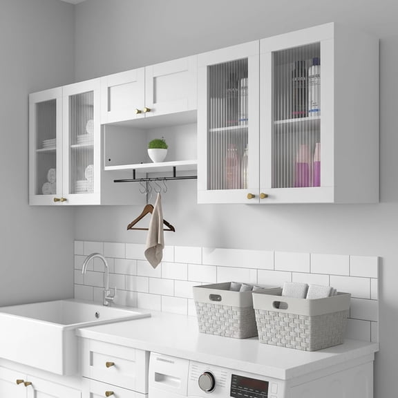 Advwin Wall Mounted Laundry Room Cabinet with Fluted Glass Doors, Hanging Rod, Hooks & Adjustable Shelves, Floating Storage Cabinet for Kitchen, Bathroom or Pantry Organization