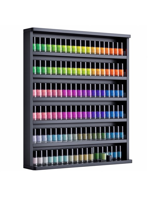 Wall Mounted Nail Polish Rack, 6-Tier Wood Display Shelf Organizer for Nail Polish, Tattoo Ink, Figurines, Makeup and More, Black