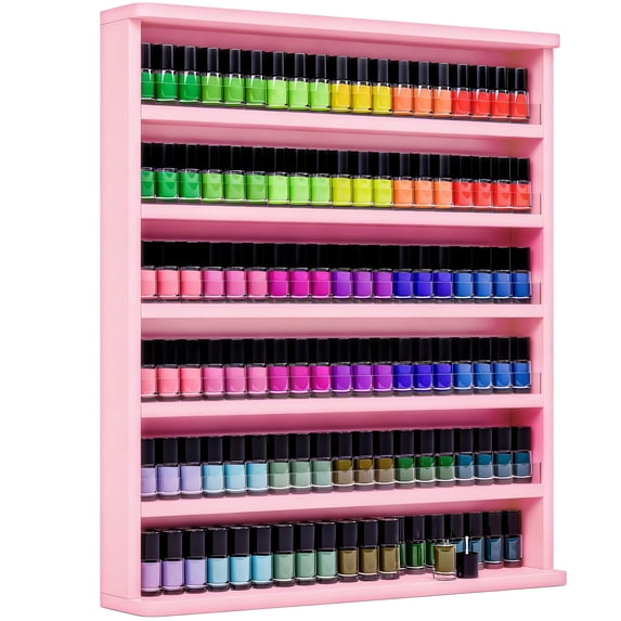 Advwin Wall Mounted Nail Polish Rack, 6-Tier Wood Display Shelf Organizer for Nail Polish, Tattoo Ink, Figurines, Makeup and More, Pink