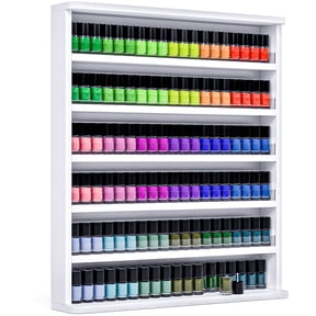 Advwin Wall Mounted Nail Polish Rack, 6-Tier Wood Display Shelf Organizer for Nail Polish, Tattoo Ink, Figurines, Makeup and More, White