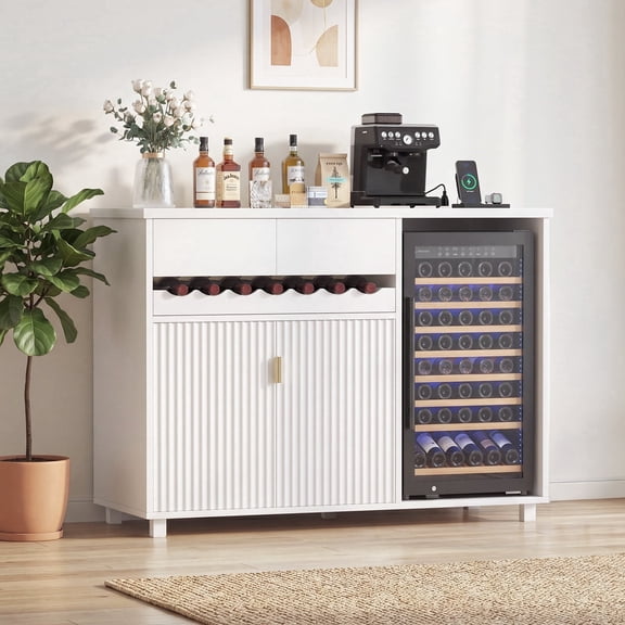 Advwin Wine Bar Cabinet with Mini Fridge Space & Power Outlet, Fluted Door Coffee Bar Cabinet with Sliding Wine Rack & Drawers, Modern Buffet Sideboard for Kitchen, Dining Room & Home Bar, White