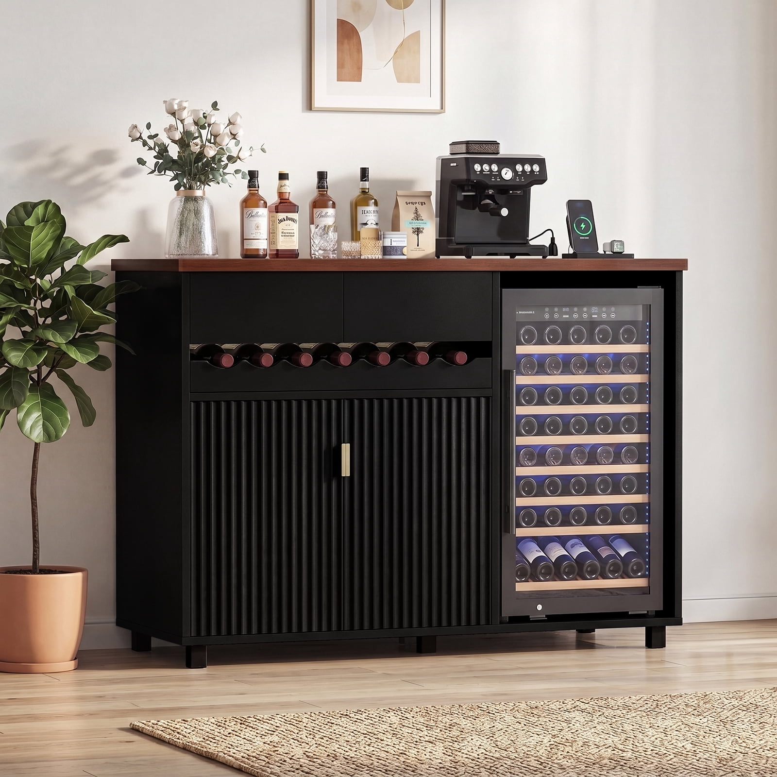 Advwin Wine Bar Cabinet with Mini Fridge Space & Power Outlet, Fluted Door Coffee Bar Cabinet with Sliding Wine Rack, Modern Buffet Sideboard for Kitchen, Dining Room & Home Bar, Black+Walnut