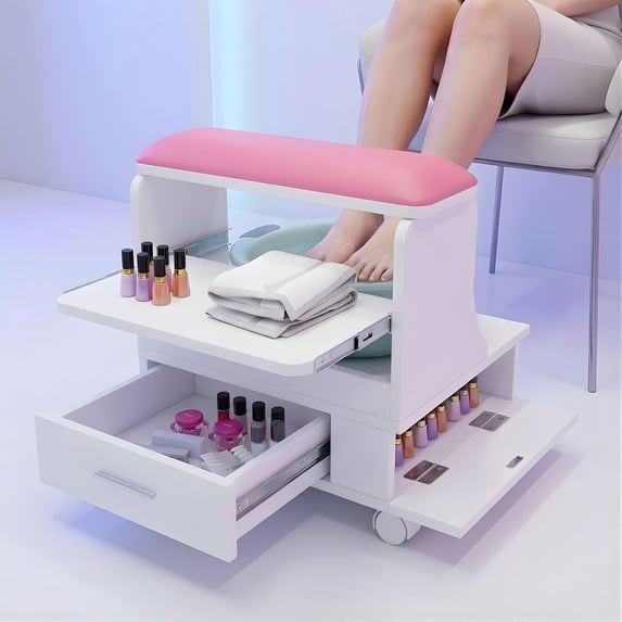Advwin Pedicure Foot Rest with Storage, PU Cushion, Pull-Out Tray & Locking Wheels, Professional Mobile Pedicure Cart Foot Bath Trolley for Salon, Massage & Home Use, White+Pink