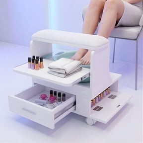 Advwin Pedicure Foot Rest with Storage, PU Cushion, Pull-Out Tray & Locking Wheels, Professional Mobile Pedicure Cart Foot Bath Trolley for Salon, Massage & Home Use, White