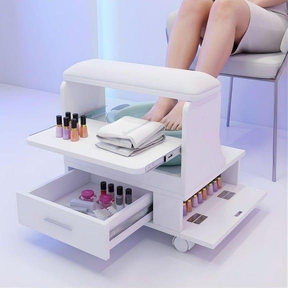 Advwin Pedicure Foot Rest with Storage, PU Cushion, Pull-Out Tray & Locking Wheels, Professional Mobile Pedicure Cart Foot Bath Trolley for Salon, Nail Tech, Massage & Home Use, White