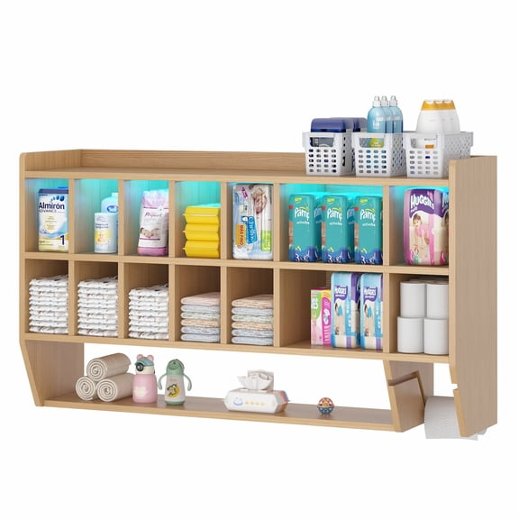 Advwin Wooden Wall-Mounted Diaper Storage Organizer, 15-Cubby Hanging Diaper Storage Unit, Diaper Changing Center with Paper Towel Holder & LED Light for Home, Nursery, Daycare & Playroom