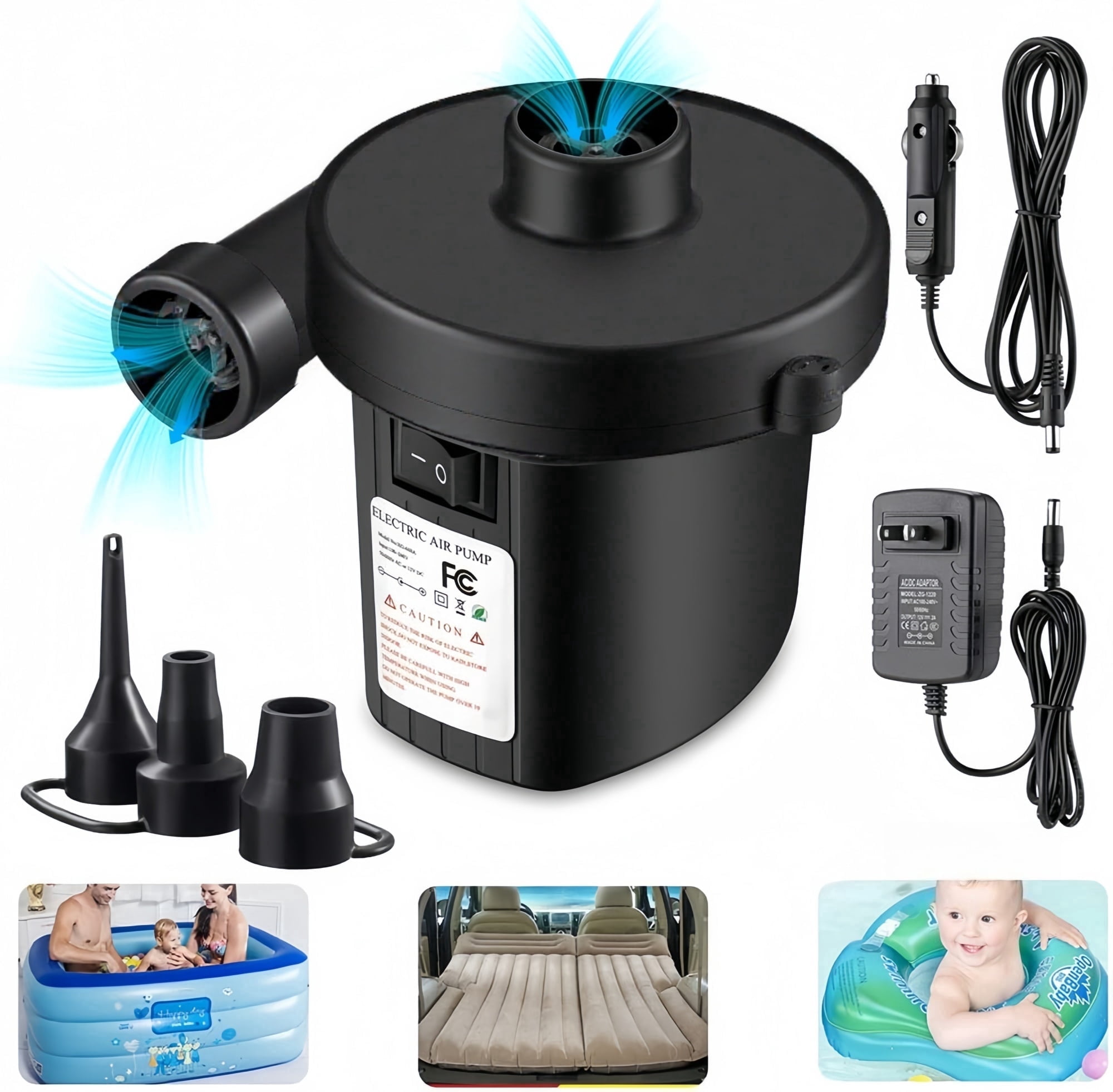 Adyehh Electric Air Pump Portable Quick-Fill, AC DC Inflator Deflator ...
