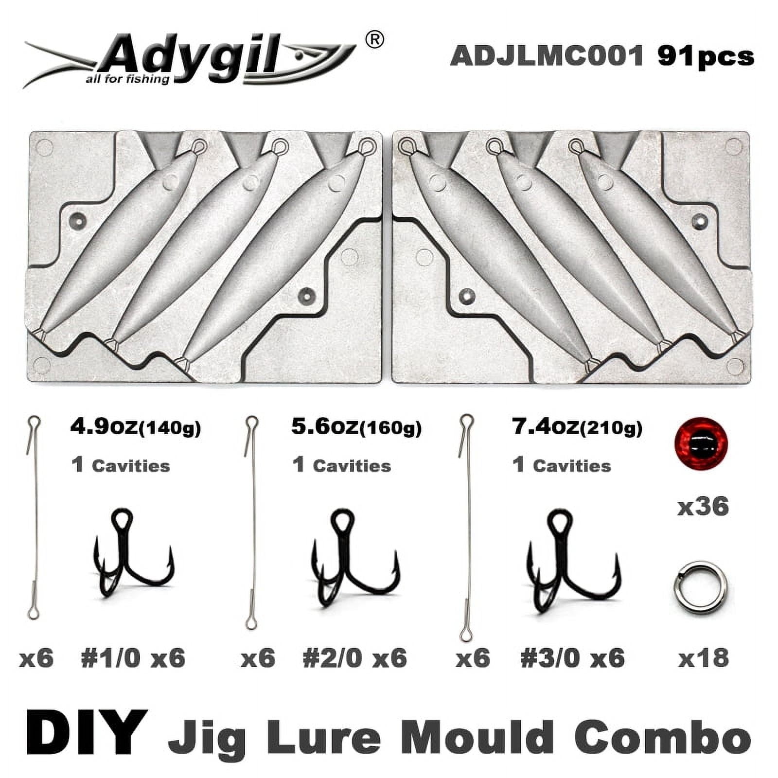 Adygil Fishing Jigging Lure Mold Kits 5oz, 5.5oz, 7.5oz,3 Cavities, 91pcs/Pack,Without Handle Adygil Fishing Jigging Lure Mold Kits 5oz, 5.5oz, 7.5oz,3 Cavities, 91pcs/Pack,Without Handle