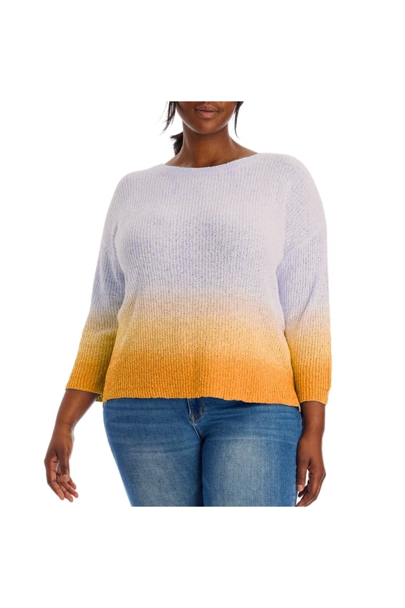 Women's Plus 3/4 Sleeve Ombre Dip Dye Soft Cotton Blend Knit Sweater