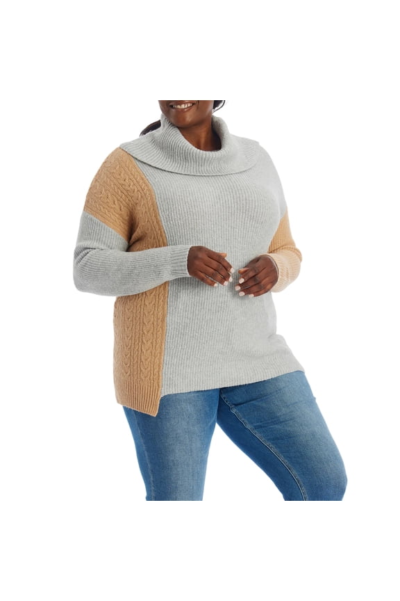 Women's Plus Cozy Asymmetrical Hem Color Block Cowl Neck Soft Knit Pullover Sweater