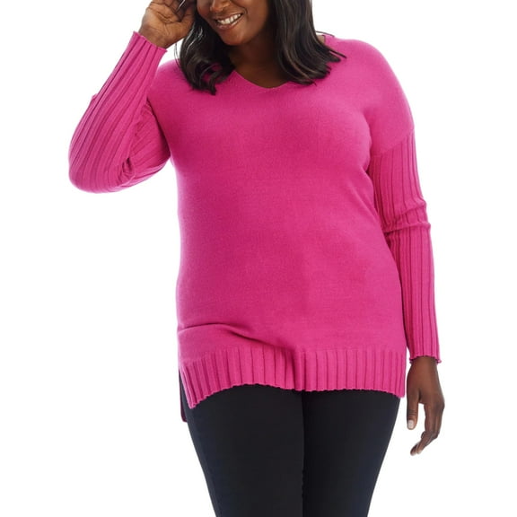 Adyson Parker Women's V-Neck Pullover Soft Knit Tunic Top Sweater-Pink / 2X