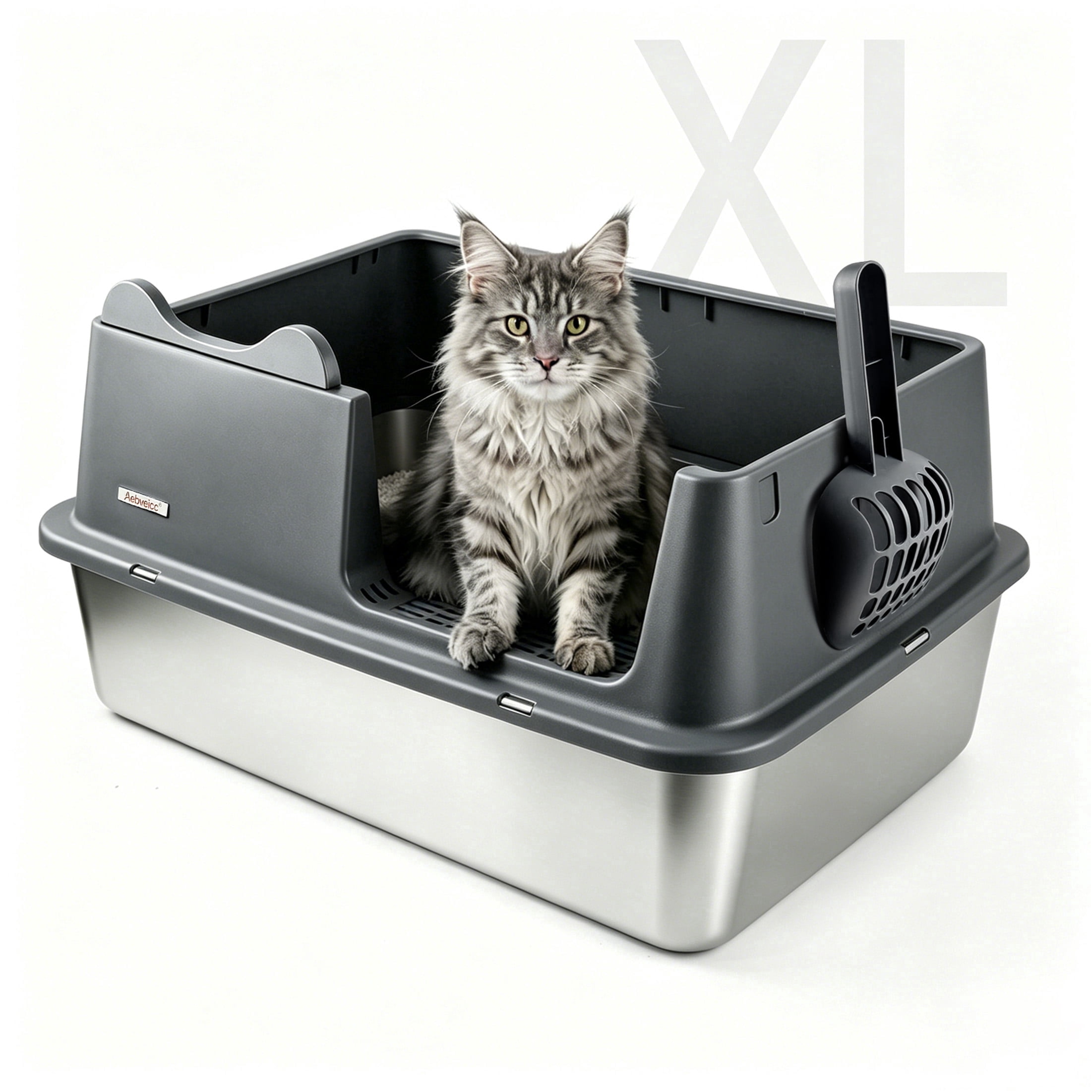 Aebveicc XL High-Sided Stainless Steel Open Top Cat Litter Box with Scoop, Extra Large Litter Box for Big Cats,  Gray