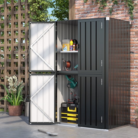 AECOJOY 46.4" Big Storage Cabinet Metal Organizer with Doors and Shelves for both Indoor/ Outdoor, Patio Storage Building for Outside& Garden in Dark Gray