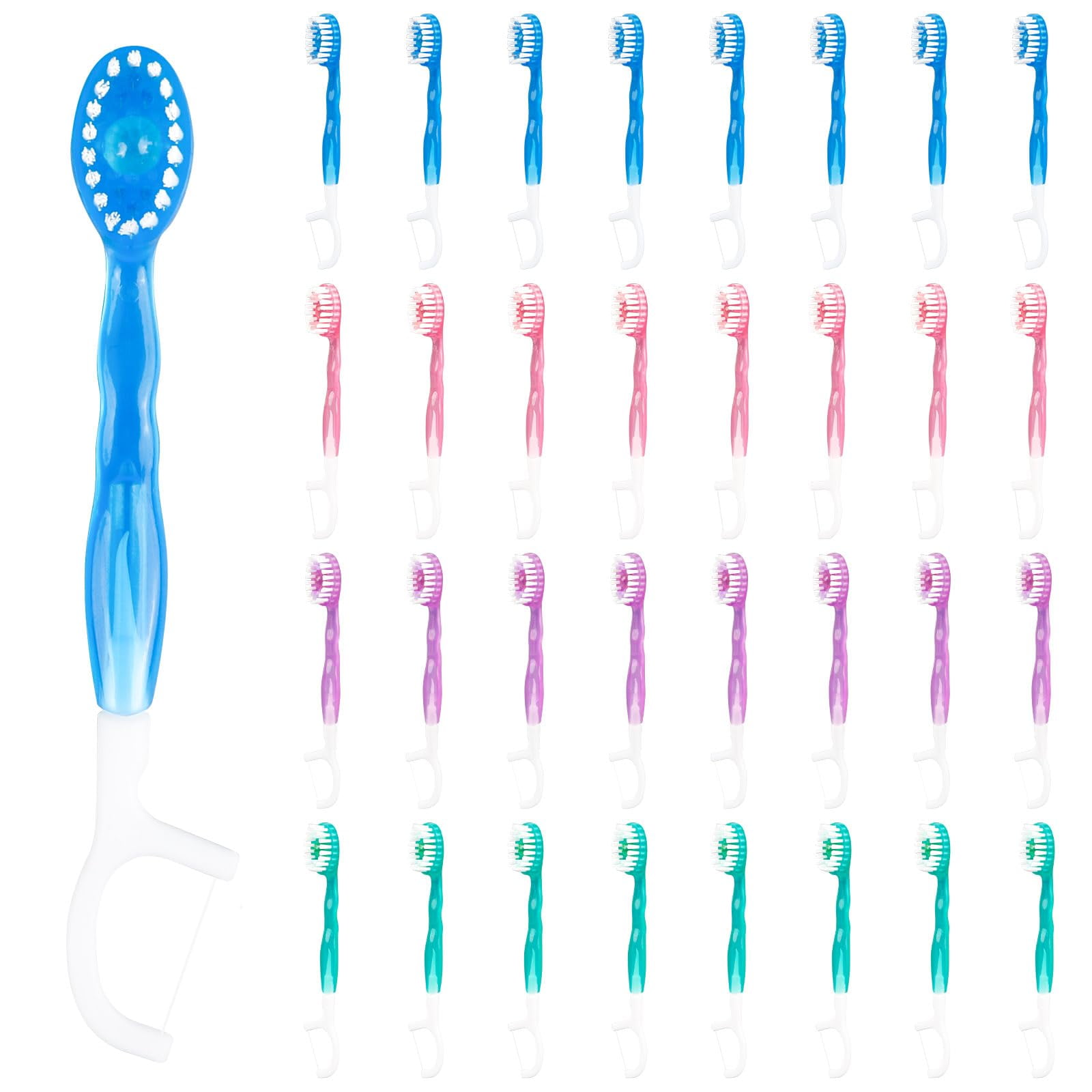 Aecsze 5 in 1 TSF6Disposable Mini Toothbrushes with Toothpaste, Floss, Pick & Tongue Scraper - Travel Size, Individually Wrapped, Portable Oral Care Set, 32 Packs, Mix 4 Flavors