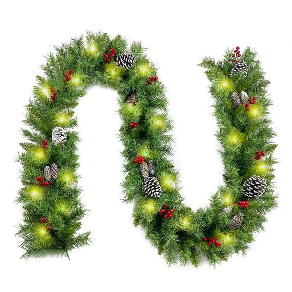 Aedavey 9FT Christmas Garland with 50 Waterproof LED Lights, Timer 8 Modes 20 Snowy Pinecones 98 Red Berries Battery Operated Pre-Lit  Xmas Garland Christmas Decor for Christmas