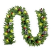 Aedavey 9FT Christmas Garland with 50 Waterproof LED Lights, Timer 8 Modes 20 Snowy Pinecones 98 Red Berries Battery Operated Pre-Lit Xmas Garland Christmas Decor for Christmas