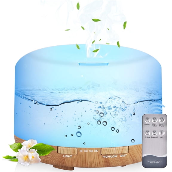 Aegci 500ml Essential Oil Diffuser-Humidifier with 7 Colors Light, Remote Control, Auto Off, Ideal for Large Room, Bedroom, Office, Gifts(Light Wood)
