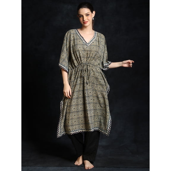 Aegean-Blue Cotton Chakra Pattern Printed Short Kaftan