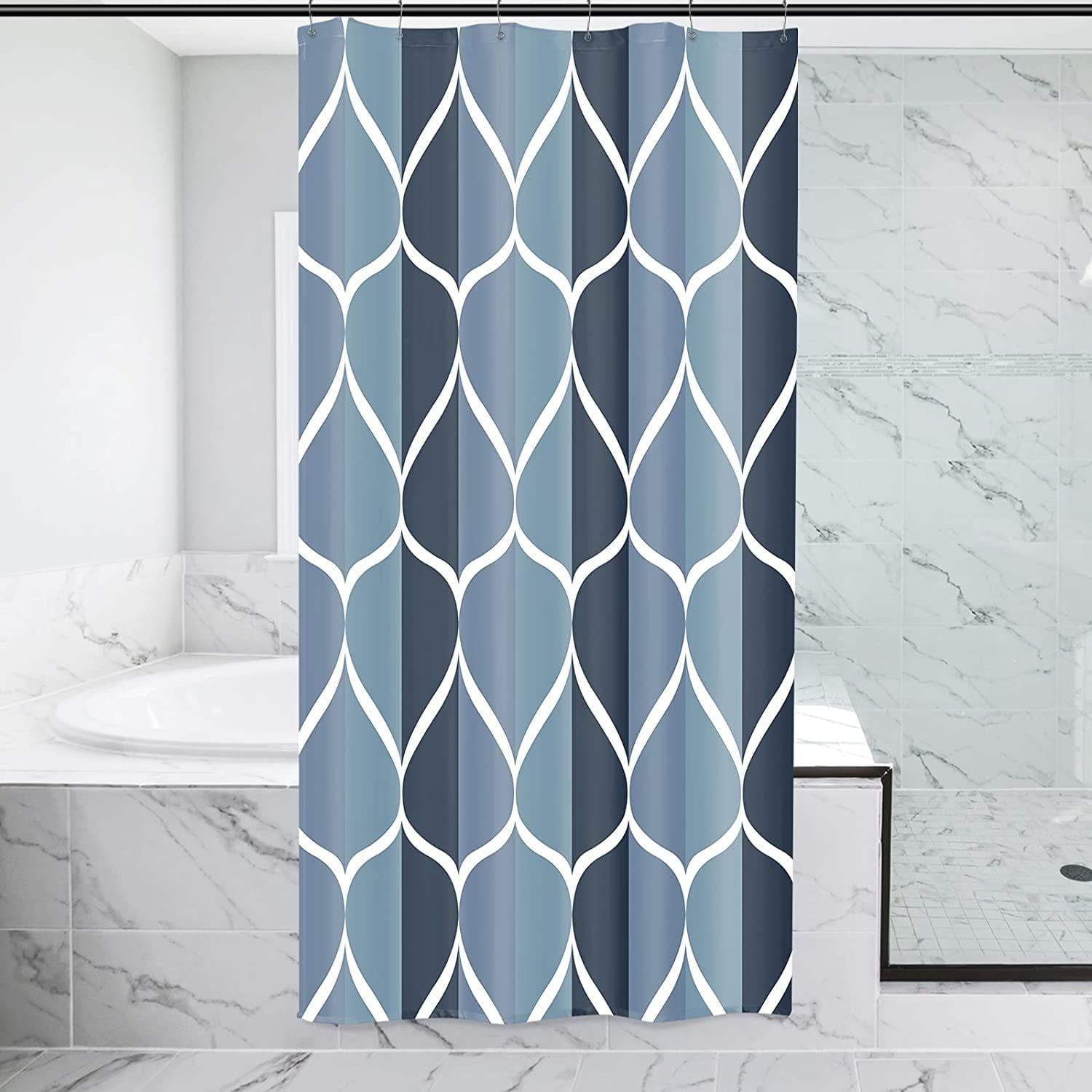 Aegean Blue Geometric Shower Curtain, Waterproof Design and Polyester, Quick-Drying, Weighted Hem, Blue Fabric Shower Curtains Set for Bathroom W 36 x H 72, Durable and Washable with 8 Hooks