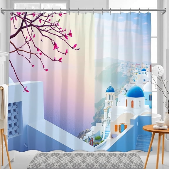 Aegean Sea Cliffside Shower Curtain with Pink Blossoms - Serene Greek Island Decor