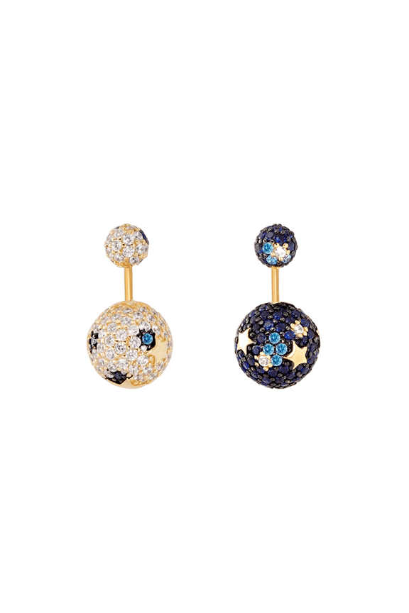 Aegean Sea Series Asymmetric Double Sphere Stud Earrings for Women, Gold Plated with Blue and Transparent Cubic Zirconia Star Accent Romantic Jewelry Gift