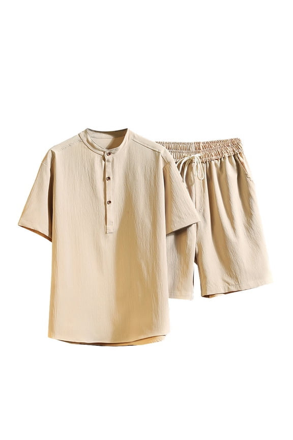 2 Piece Outfit for Men Cotton Linen Casual Short Sleeve V Neck Shirt and Shorts Solid Summer Relaxed,Sizes M-5XL
