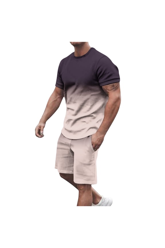 2 Piece Outfit for Men Gradient Print Casual Round Neck Short Sleeve T-Shirt with Matching Regular Shorts,Sizes M-5XL