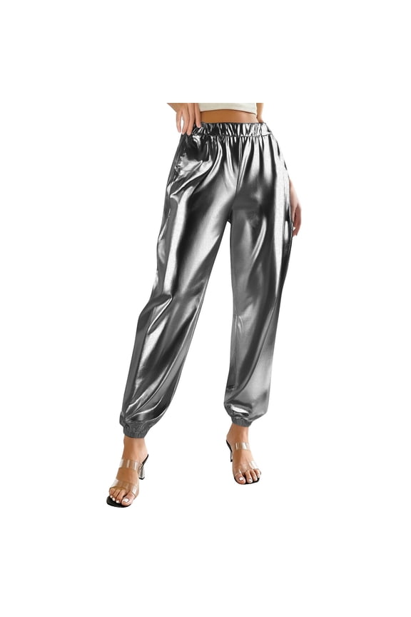 Capri Pants for Women High Elastic Waist Gloss Liquid Leather Fabric Cuffed Ankle Loose,Sizes XS-3XL