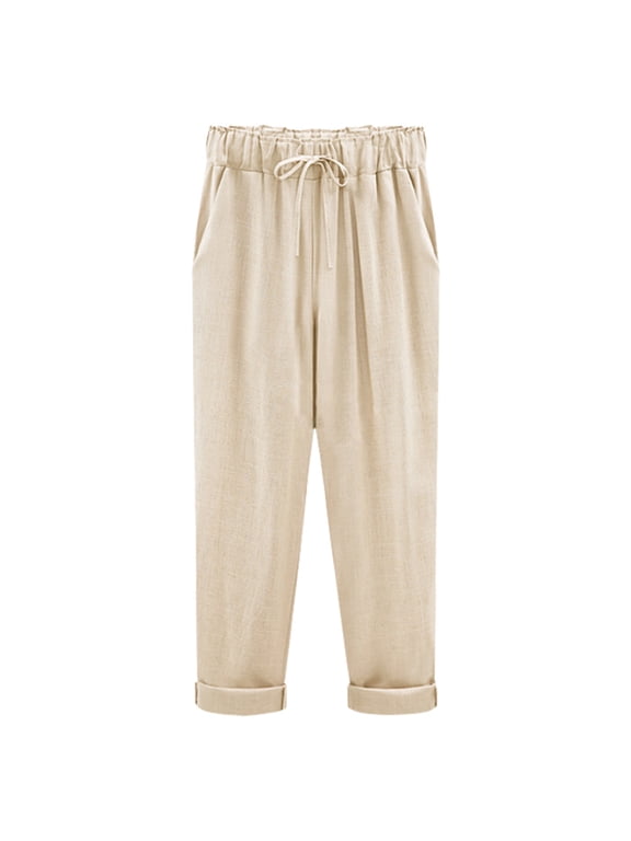 Capri Pants for Women Rolled Cuff Linen Blend Culottes Drawstring Waist Side Pockets,Sizes M-4XL