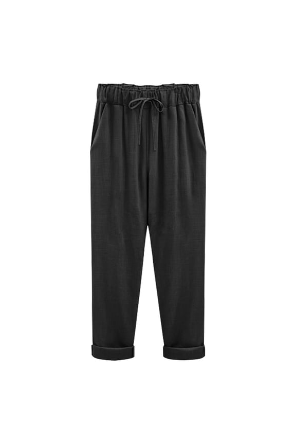Capri Pants for Women Rolled Cuff Linen Blend Culottes Drawstring Waist Side Pockets,Sizes M-4XL
