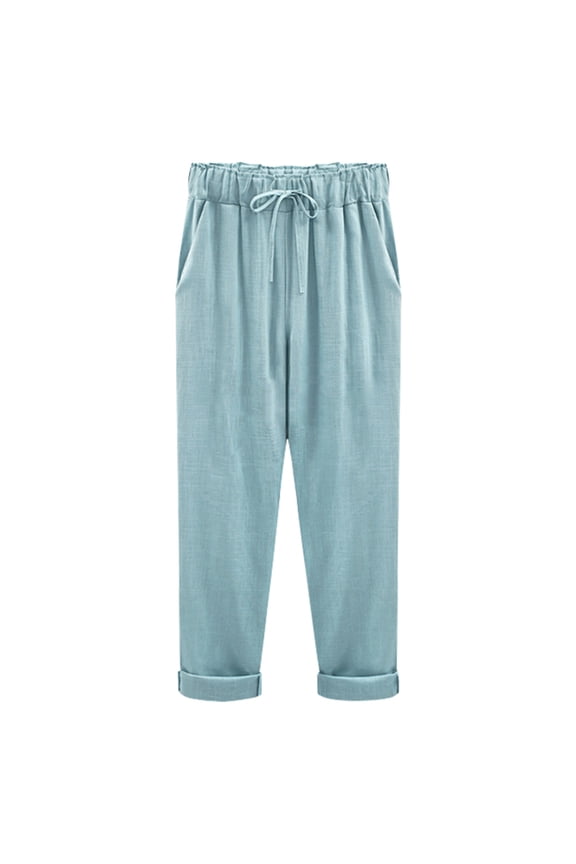 Capri Pants for Women Rolled Cuff Linen Blend Culottes Drawstring Waist Side Pockets,Sizes M-4XL