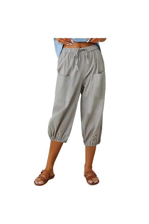 Capris for Women with Pockets Linen Blend Culottes Drawstring Elastic Waist Patch Pockets Metal Button Jogger Hem,Sizes S-3XL