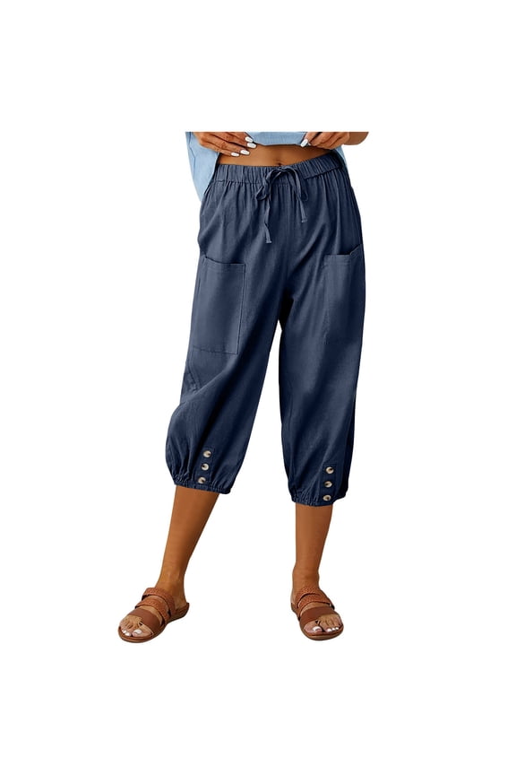 Capris for Women with Pockets Linen Blend Culottes Drawstring Elastic Waist Patch Pockets Metal Button Jogger Hem,Sizes S-3XL