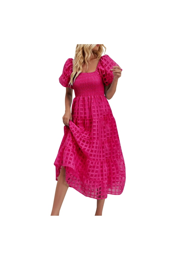 Dresses for Women Smocked Bodice Puff Sleeve Tiered Grid Organza Flowy Wear,Sizes S-XL
