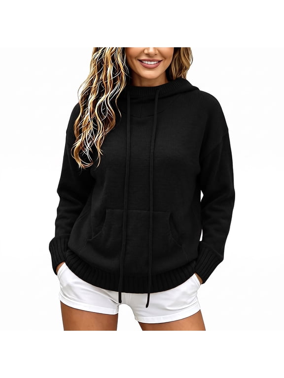 Fall Sweaters for Women Loose Knit Hoodie Long Sleeve Drawstring Kangaroo Pocket Casual Pullover,Size S-3XL
